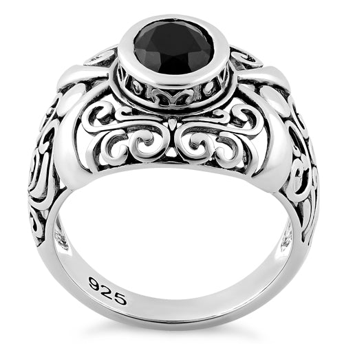 Sterling Silver Oriental Bali Black CZ Ring