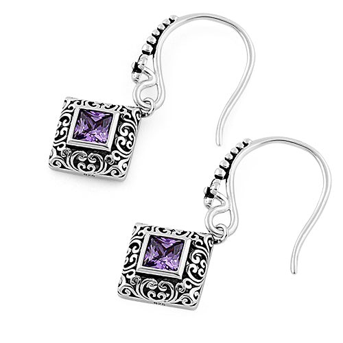 Sterling Silver Ornate Square Cut Amethyst CZ Earrings