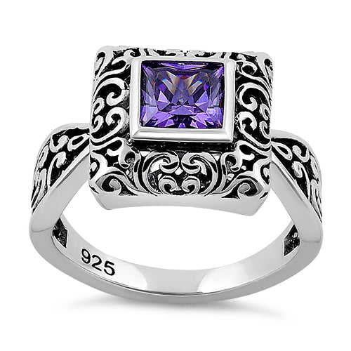 Sterling Silver Ornate Square Cut Amethyst CZ Ring