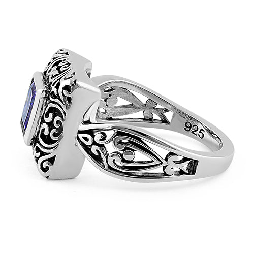 Sterling Silver Ornate Square Cut Amethyst CZ Ring