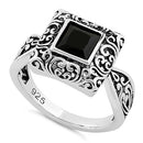 Sterling Silver Ornate Square Cut Black CZ Ring