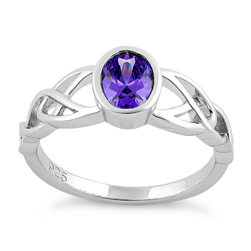 Sterling Silver Oval Amethyst CZ Celtic Ring