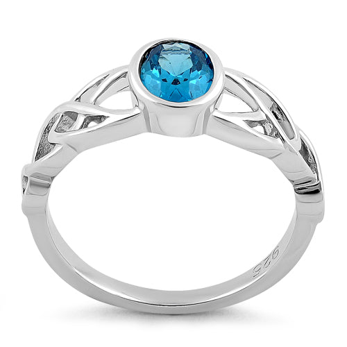 Sterling Silver Oval Aqua Blue CZ Celtic Ring