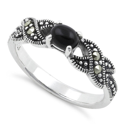 Sterling Silver Oval Black Onyx Marcasite Ring