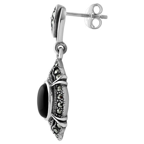 Sterling Silver Oval Drop Black Onyx Marcasite Earrings