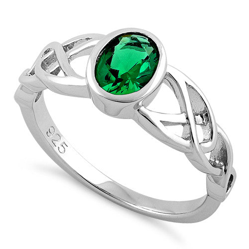 Sterling Silver Oval Green CZ Celtic Ring