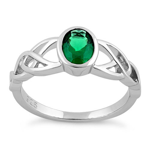 Sterling Silver Oval Green CZ Celtic Ring