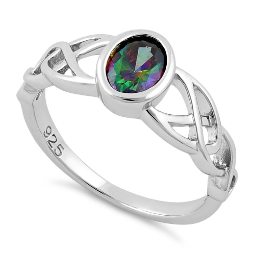 Sterling Silver Oval Rainbow Topaz CZ Celtic Ring