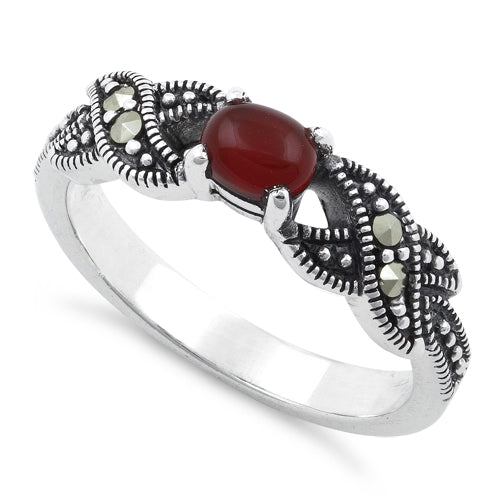 Sterling Silver Oval Red Agate Marcasite Ring
