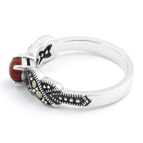 Sterling Silver Oval Red Agate Marcasite Ring