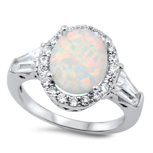 Sterling Silver Oval White Lab Opal CZ Ring