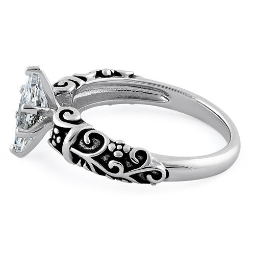 Sterling Silver Oxidized Wild Vines Marquise Cut Clear CZ Ring