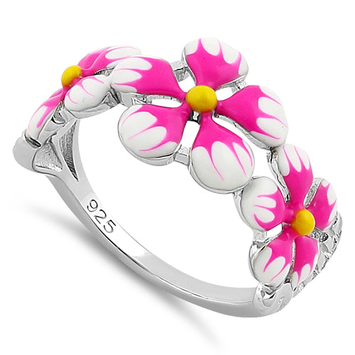 Sterling Silver Hand-Painted Paradise Pink & White Plumeria Enamel Ring