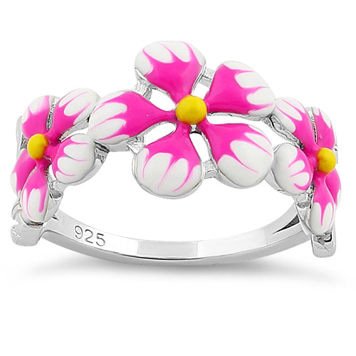 Sterling Silver Hand-Painted Paradise Pink & White Plumeria Enamel Ring