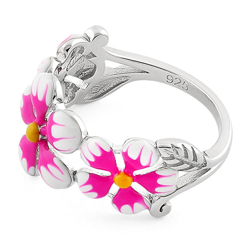 Sterling Silver Hand-Painted Paradise Pink & White Plumeria Enamel Ring