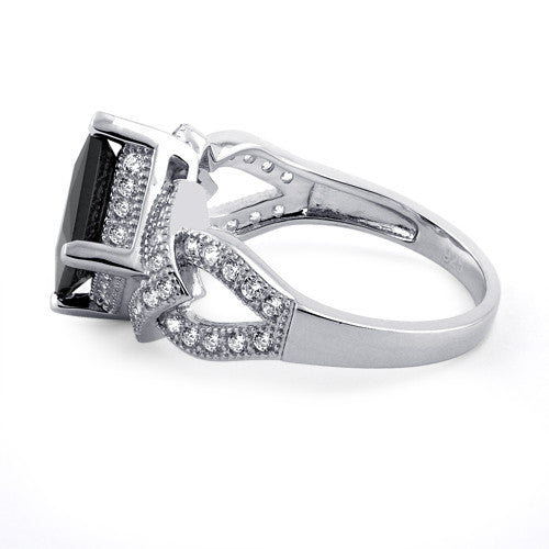 Sterling Silver Pave Black CZ Princess Cut Ring