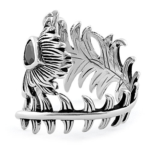 Sterling Silver Peacock Feather Black CZ Ring