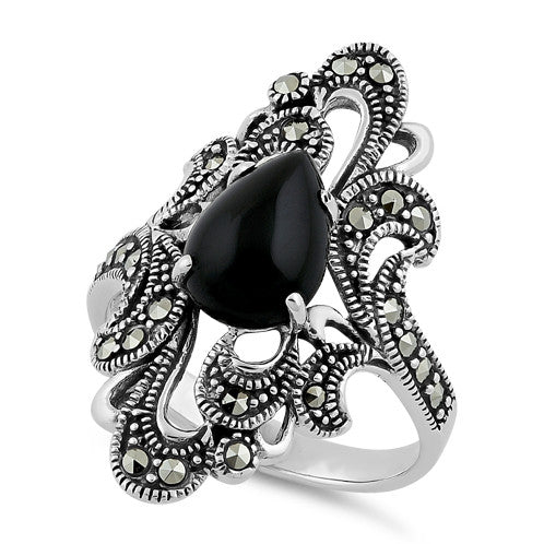 Sterling Silver Pear Shape Black Onyx Marcasite Ring