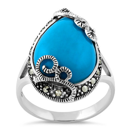 Sterling Silver Pear Shape Simulated Turquoise Marcasite Ring