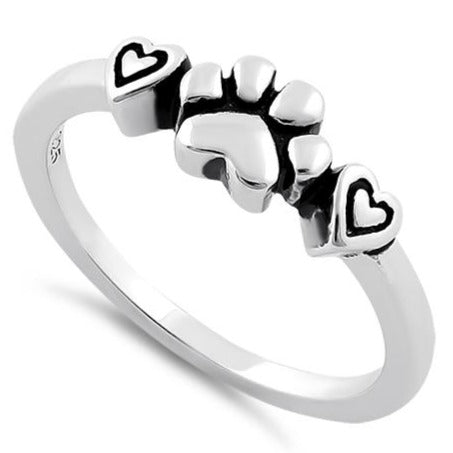 Sterling Silver Pet Love Paw & Hearts Ring