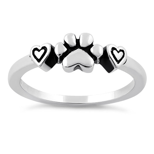 Sterling Silver Pet Love Paw & Hearts Ring