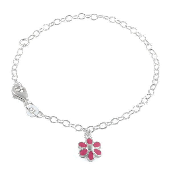 Sterling Silver Pink Enamel Flower Bracelet (Child Size)