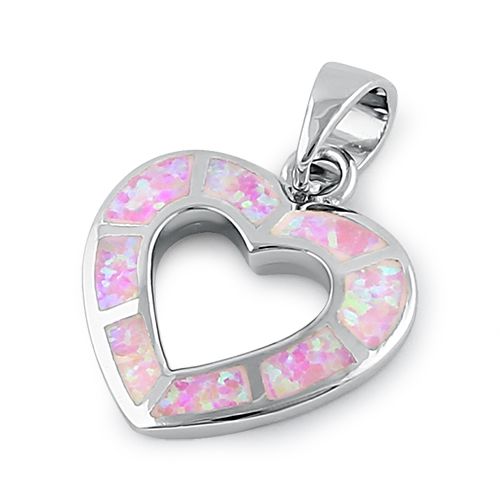 Sterling Silver Pink Lab Opal Hollow Heart Pendant