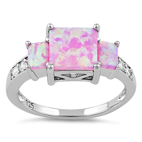 Sterling Silver Pink Lab Opal Square CZ Ring