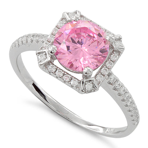 Sterling Silver Pink Round Halo Pave CZ Ring