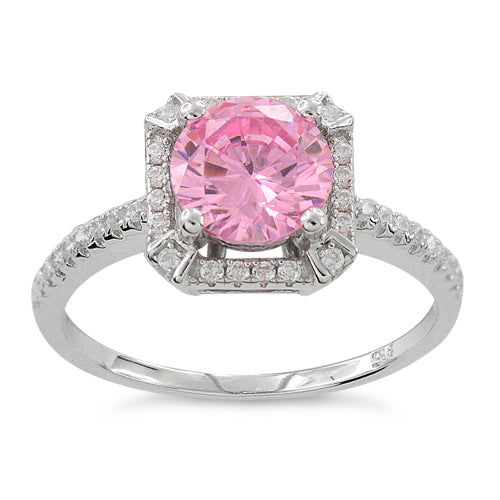 Sterling Silver Pink Round Halo Pave CZ Ring