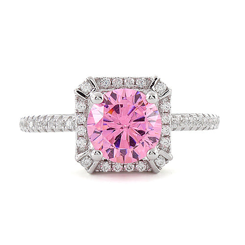 Sterling Silver Pink Round Halo Pave CZ Ring