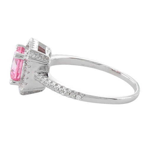 Sterling Silver Pink Round Halo Pave CZ Ring