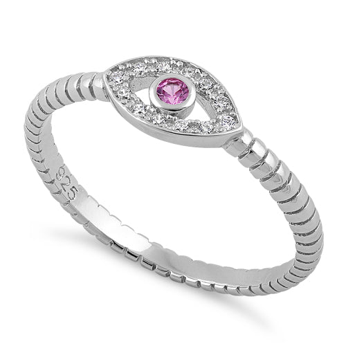 Sterling Silver Pink Stone Evil Eye CZ Ring