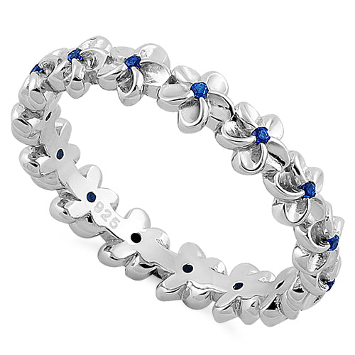 Sterling Silver Plumeria Blue Spinel CZ Eternity Band Ring