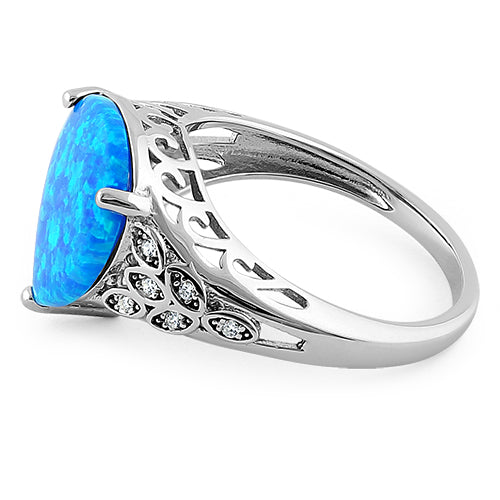 Sterling Silver Plump Pear Shape Blue Lab Opal Clear CZ  Ring