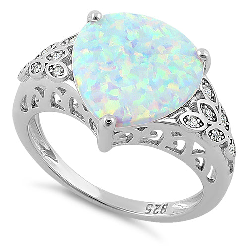 Sterling Silver Plump Pear Shape White Lab Opal Clear CZ  Ring