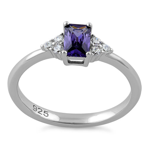 Sterling Silver Precious Emerald Cut Amethyst CZ Ring