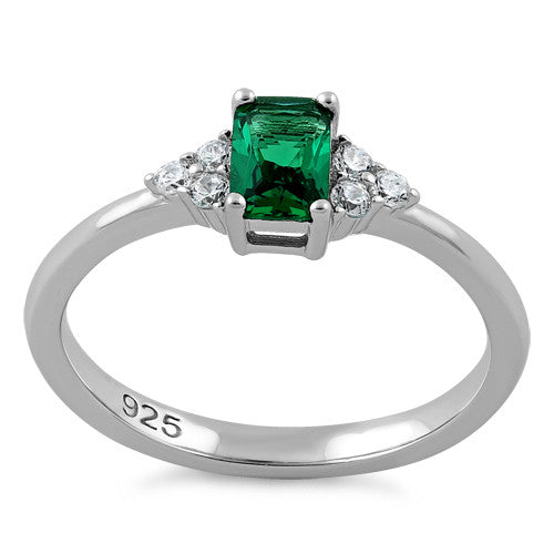 Sterling Silver Precious Emerald Cut Emerald CZ Ring