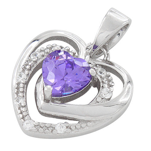 Sterling Silver Precious Heart Amethyst CZ Pendant