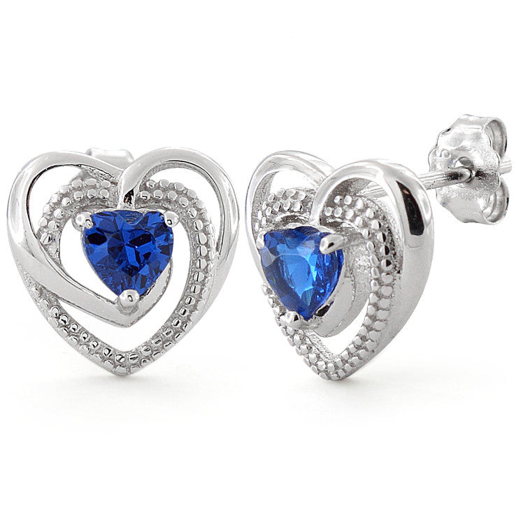 Sterling Silver Precious Heart Blue Sapphire CZ Earrings