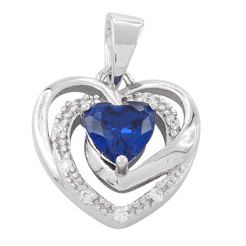 Sterling Silver Precious Heart Blue Sapphire CZ Pendant