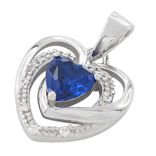 Sterling Silver Precious Heart Blue Sapphire CZ Pendant