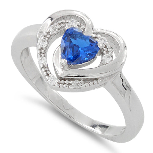 Sterling Silver Precious Heart Blue Sapphire CZ Ring