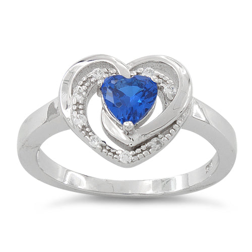 Sterling Silver Precious Heart Blue Sapphire CZ Ring