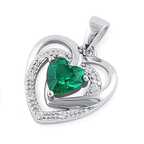 Sterling Silver Precious Heart Emerald CZ Pendant