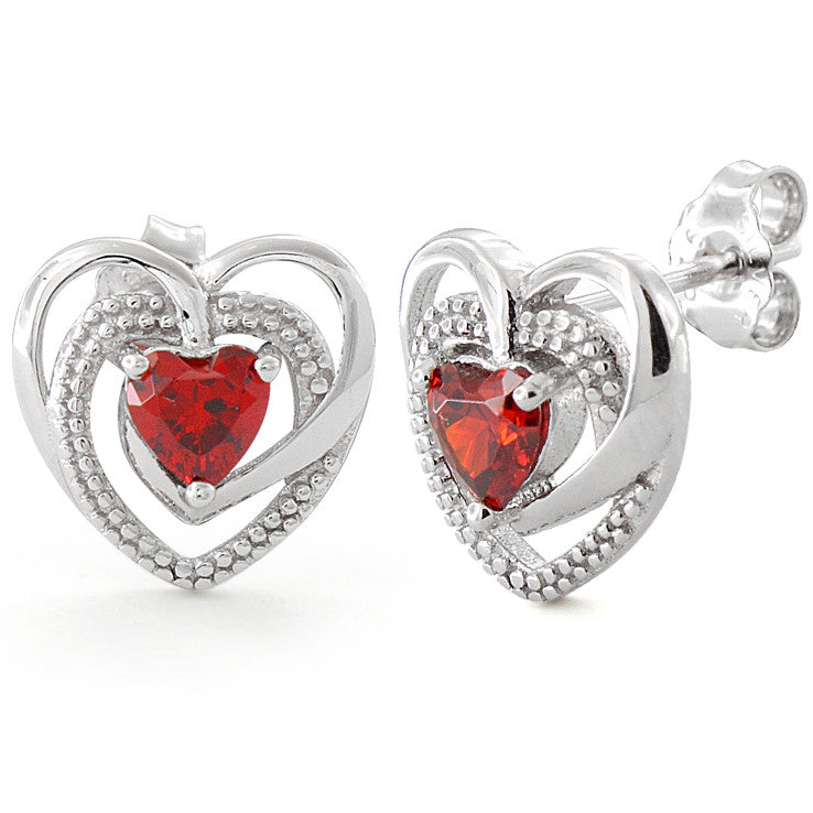 Sterling Silver Precious Heart Garnet CZ Earrings