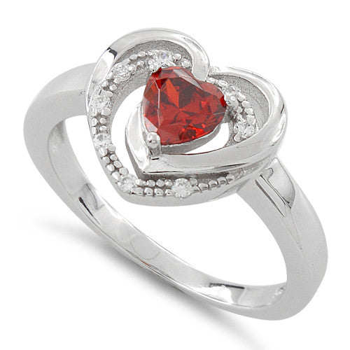 Sterling Silver Precious Heart Garnet CZ Ring
