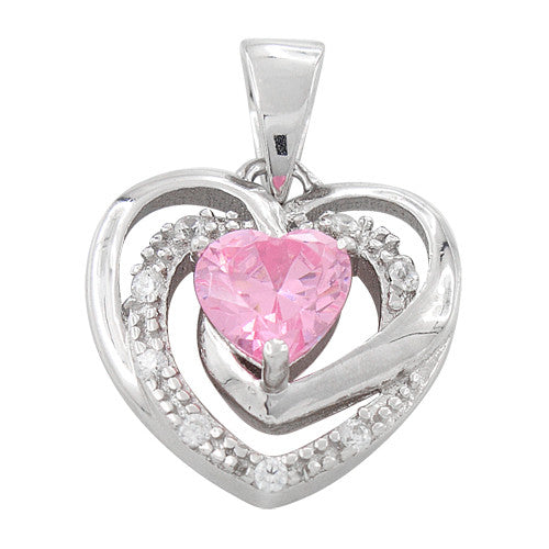Sterling Silver Precious Heart Pink CZ Pendant