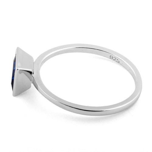 Sterling Silver Princess Cut Solitaire Blue Sapphire CZ Ring