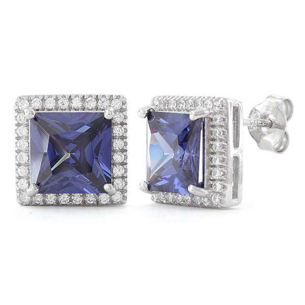 Sterling Silver Princess Cut Tanzanite CZ Earrings